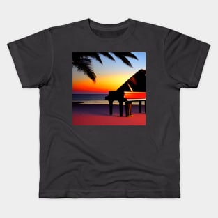 A Piano Sitting On The Beach At Sunset With A Palm Tree Near It. Kids T-Shirt